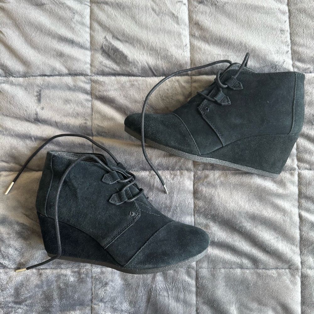 Toms Black Suede Wedge Ankle Boots